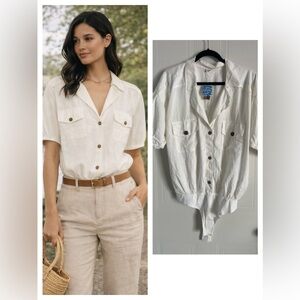 Free People Linen Blend Bodysuit Size L White Button Front Classic Capsule
